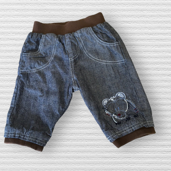 Tu Dark Blue Jeans with Brown Stretch Waist Bear Design - Boys 0-3m