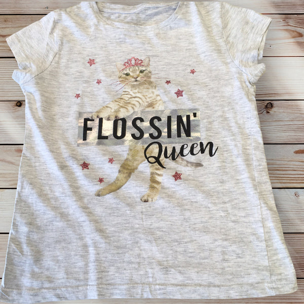 Tu Flossin' Queen Cat Print Grey T-Shirt - Girls 8yrs
