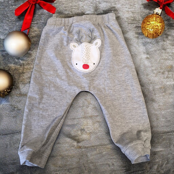 Tu Grey Stretch Trousers With Christmas Reindeer Rear Applique - Unisex 12-18m