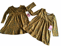 Brand New Matalan Twin Girls Mustard/Blue Floral Print L/S Dress Bundle - Girls 12-18m