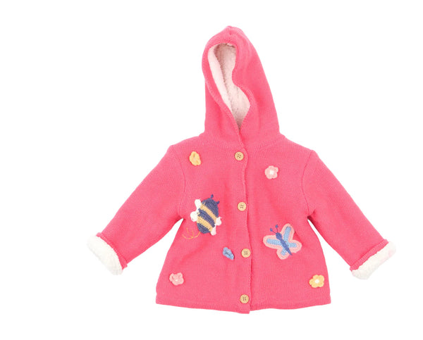 Nutmeg Pink Bee & Butterfly Chunky Knitted Hoodie Jacket - Girls 3-6m