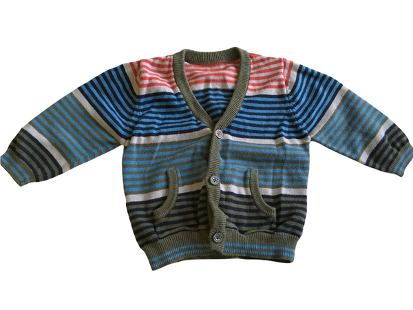 M&S Autograph Khaki Blue/Red Striped Baby Cardigan - Boys 3-6m