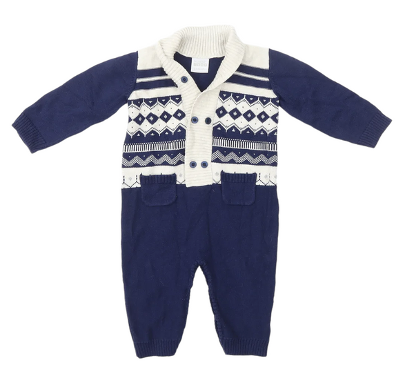 Nursery Time Navy/Ecru Grandad Button Knitted Romper - Boys 3-6m