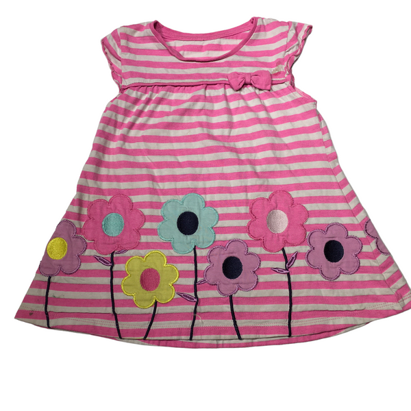 Nutmeg Floral Applique Pink Striped S/S Jersey Dress - Playwear - Girls 3-4yrs
