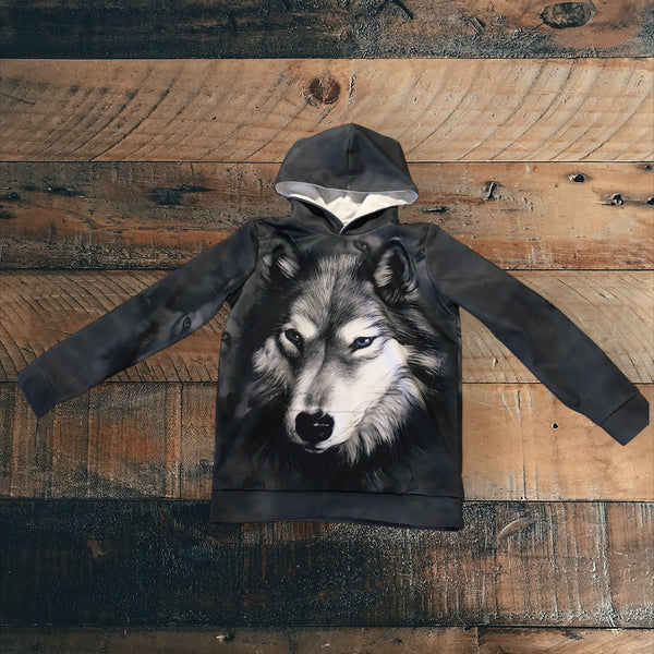 Wolf Print Grey Hoodie Jumper - Unisex 9-10yrs