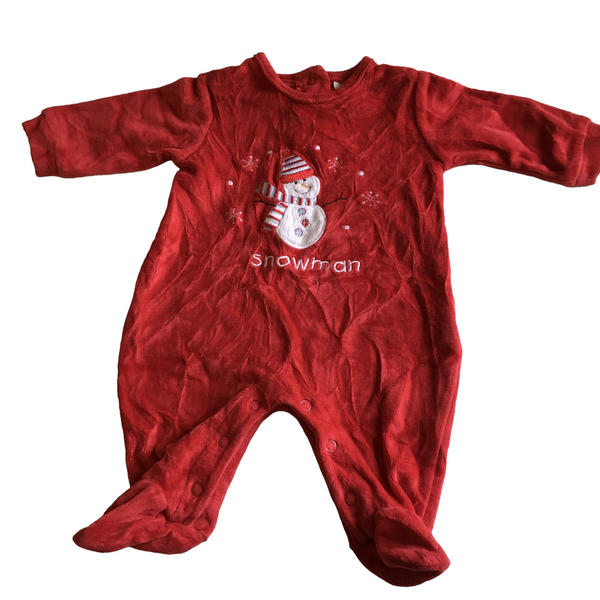 Red Soft Velour Christmas Snowman Sleepsuit - Unisex Newborn