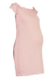 Brand New Boohoo Maternity Lettuce Hem Dusky Pink Stripe Rib Bodycon Dress - Size Maternity UK 8