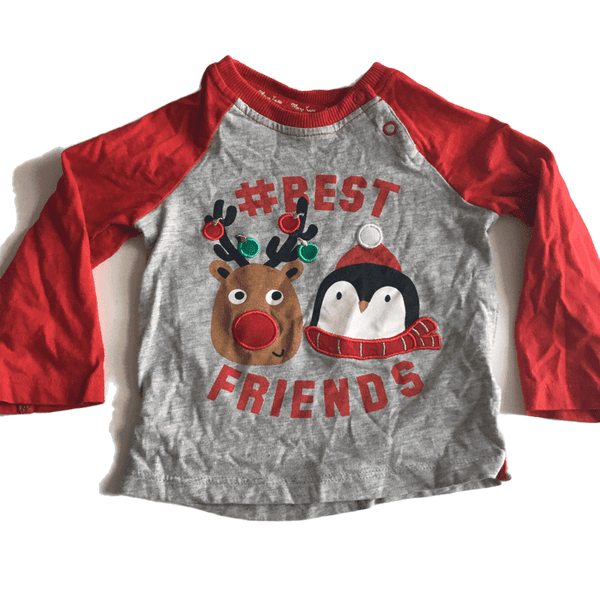 Best Friends Reindeer & Penguin Christmas L/S Top Grey/Red - Unisex 9-12m