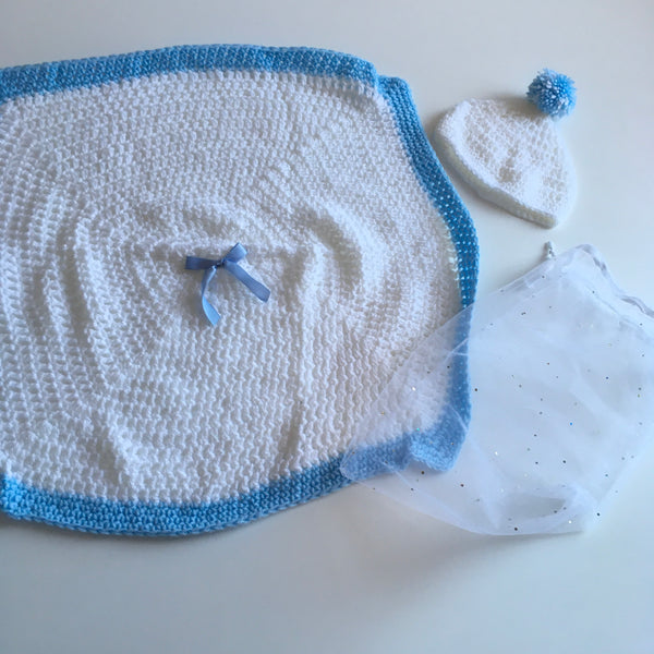 Beautiful Baby Boy's Hand Knitted White and Blue Blanket and Bobble Hat Set in Voile Bag - Boys Newborn