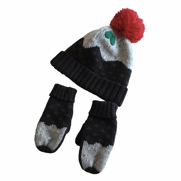 Debenhams Christmas Pudding Knitted Bobble Hat and Mittens- Unisex 7-10yrs