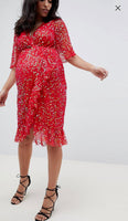 Brand New Asos Design Maternity Red Wrap Sequin Midi Party Evening Dress - Size Maternity UK 6