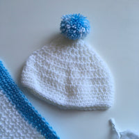 Beautiful Baby Boy's Hand Knitted White and Blue Blanket and Bobble Hat Set in Voile Bag - Boys Newborn