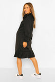 Brand New Boohoo Maternity Black Collar Ruffle Hem Sweatshirt Dress - Size Maternity UK 8