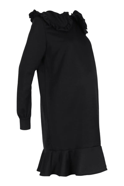 Brand New Boohoo Maternity Black Collar Ruffle Hem Sweatshirt Dress - Size Maternity UK 8