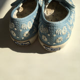 Mini Boden Light Blue and White Girls Embroidered Flowers Slip On Ballerina Pumps Shoes UK Infant 9 EUR 27