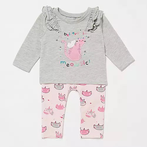 Bluezoo Baby Girls Grey I believe in Meowgic Top and Bottoms Set
