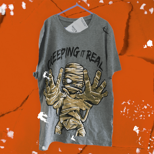 Brand New Creeping It Real Halloween Mummy Grey T-Shirt - Boys 11-12yrs