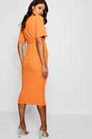 Brand New Boohoo Maternity Louise Orange Belted Split Sleeve Wiggle Dress - Size Maternity UK 14